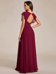 Custom Size Elegant V-Neck Open Back Chiffon Bridesmaid Dress with Ruffled Sleeves