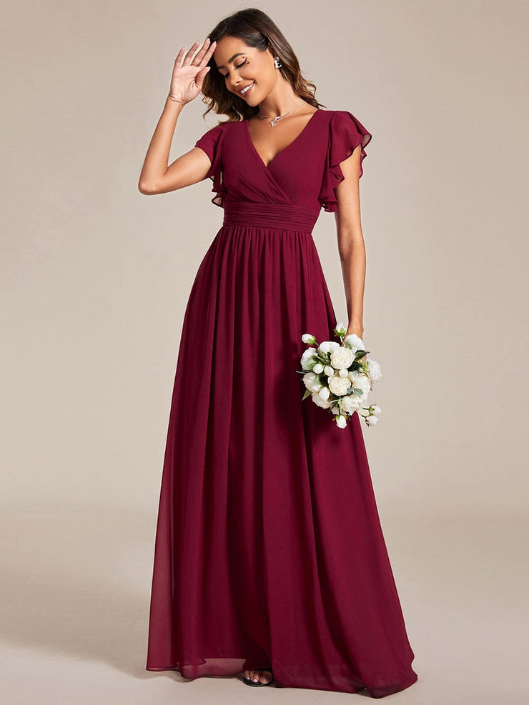 Custom Size Elegant V-Neck Open Back Chiffon Bridesmaid Dress with Ruffled Sleeves