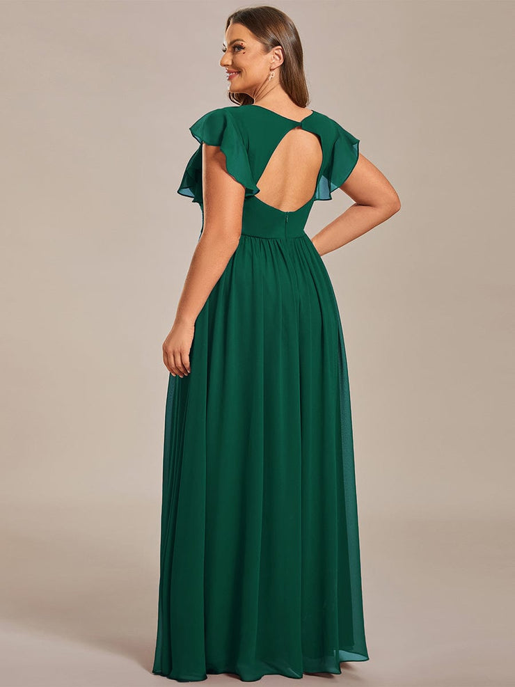 Custom Size Elegant V-Neck Open Back Chiffon Bridesmaid Dress with Ruffled Sleeves