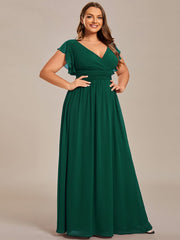 Custom Size Elegant V-Neck Open Back Chiffon Bridesmaid Dress with Ruffled Sleeves