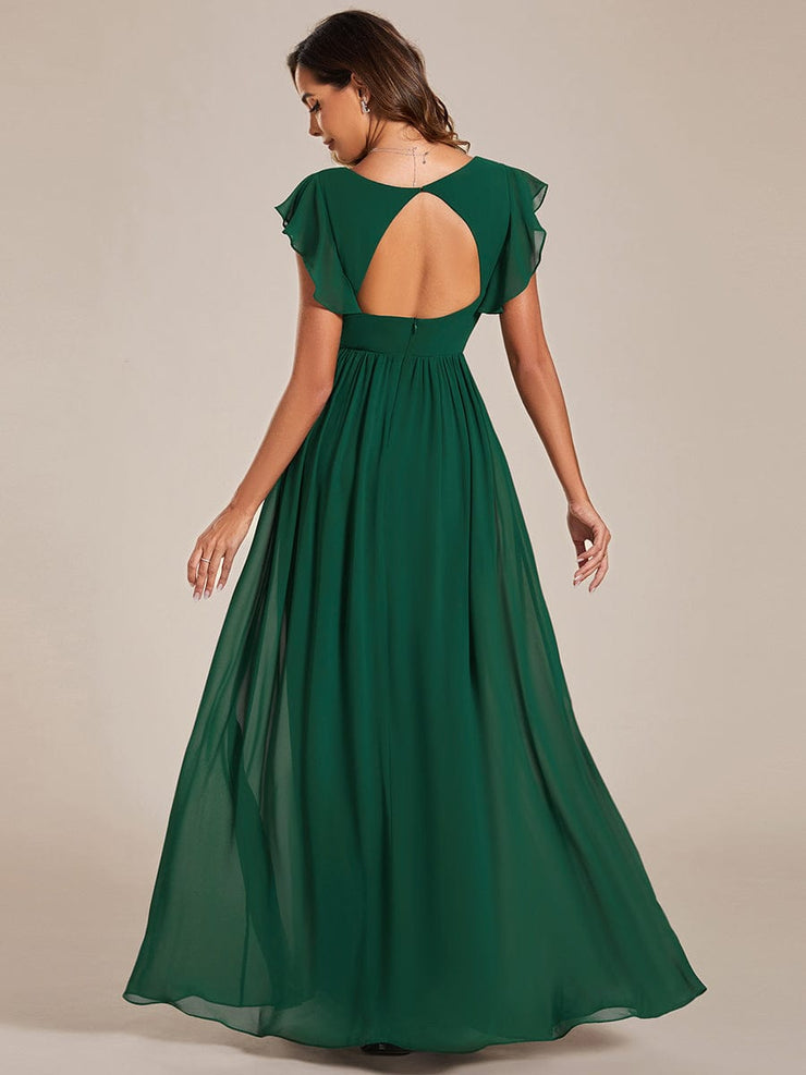 Custom Size Elegant V-Neck Open Back Chiffon Bridesmaid Dress with Ruffled Sleeves