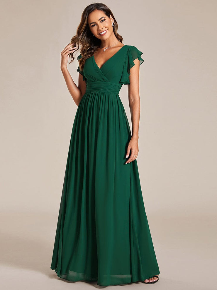 Custom Size Elegant V-Neck Open Back Chiffon Bridesmaid Dress with Ruffled Sleeves