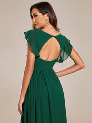 Custom Size Elegant V-Neck Open Back Chiffon Bridesmaid Dress with Ruffled Sleeves