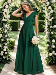 Custom Size Elegant V-Neck Open Back Chiffon Bridesmaid Dress with Ruffled Sleeves