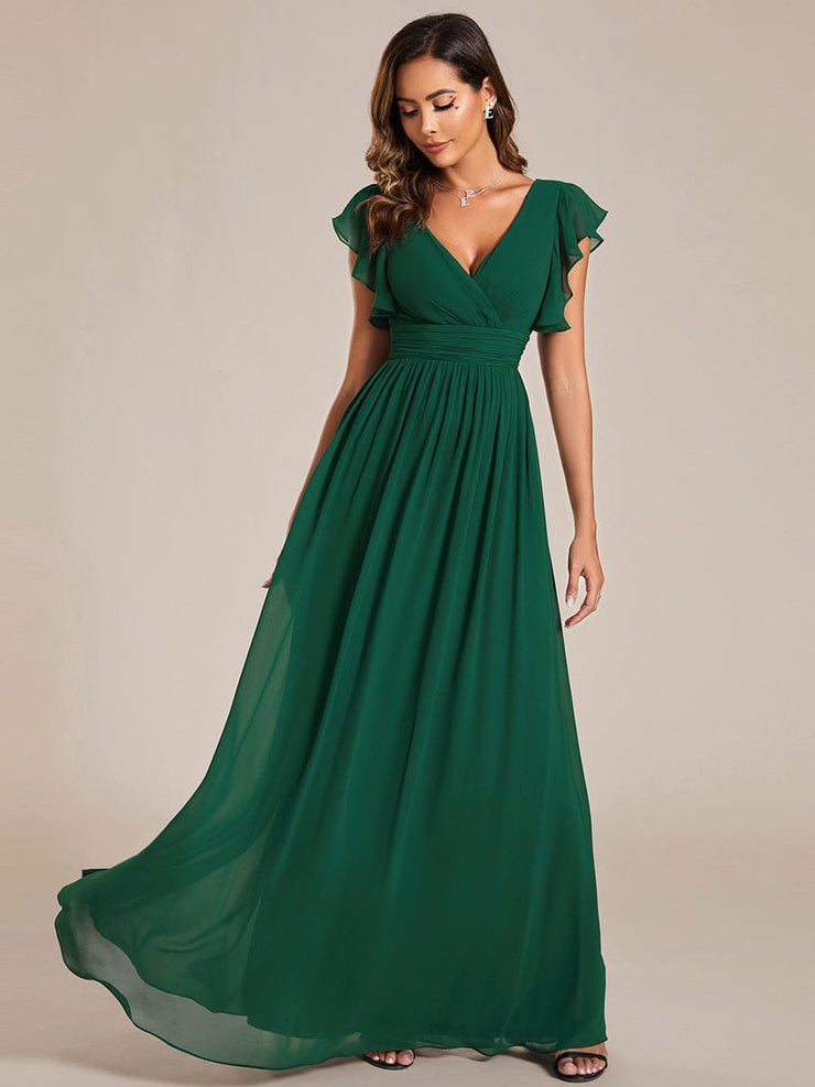 Custom Size Elegant V-Neck Open Back Chiffon Bridesmaid Dress with Ruffled Sleeves