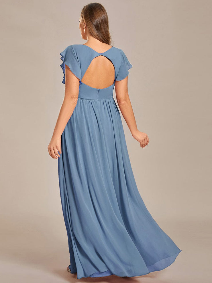 Custom Size Elegant V-Neck Open Back Chiffon Bridesmaid Dress with Ruffled Sleeves