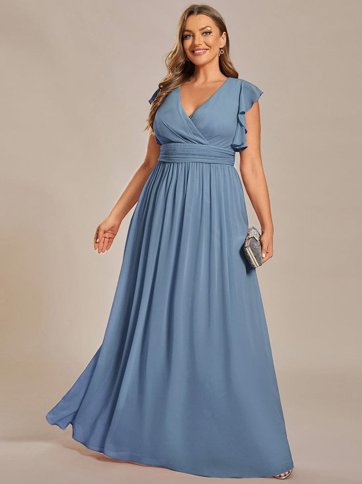 Custom Size Elegant V-Neck Open Back Chiffon Bridesmaid Dress with Ruffled Sleeves