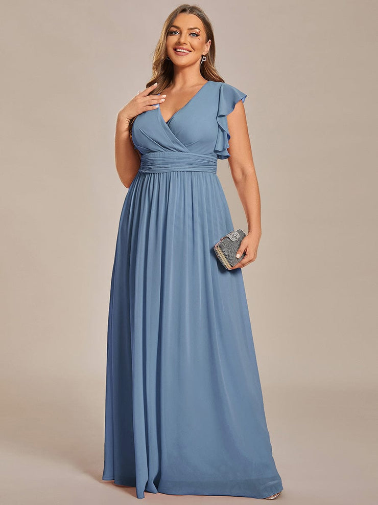 Custom Size Elegant V-Neck Open Back Chiffon Bridesmaid Dress with Ruffled Sleeves