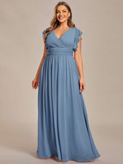 Custom Size Elegant V-Neck Open Back Chiffon Bridesmaid Dress with Ruffled Sleeves