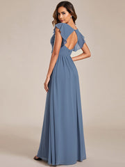 Custom Size Elegant V-Neck Open Back Chiffon Bridesmaid Dress with Ruffled Sleeves