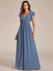 Custom Size Elegant V-Neck Open Back Chiffon Bridesmaid Dress with Ruffled Sleeves