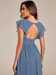 Custom Size Elegant V-Neck Open Back Chiffon Bridesmaid Dress with Ruffled Sleeves