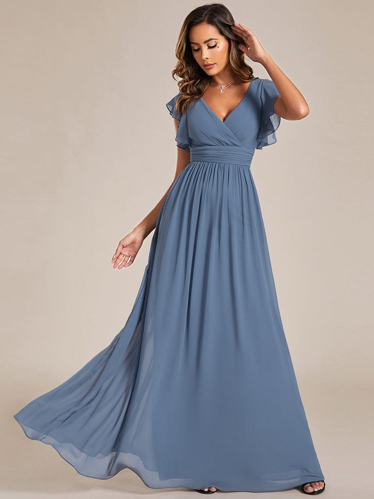 Custom Size Elegant V-Neck Open Back Chiffon Bridesmaid Dress with Ruffled Sleeves