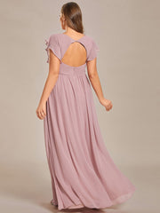 Custom Size Elegant V-Neck Open Back Chiffon Bridesmaid Dress with Ruffled Sleeves