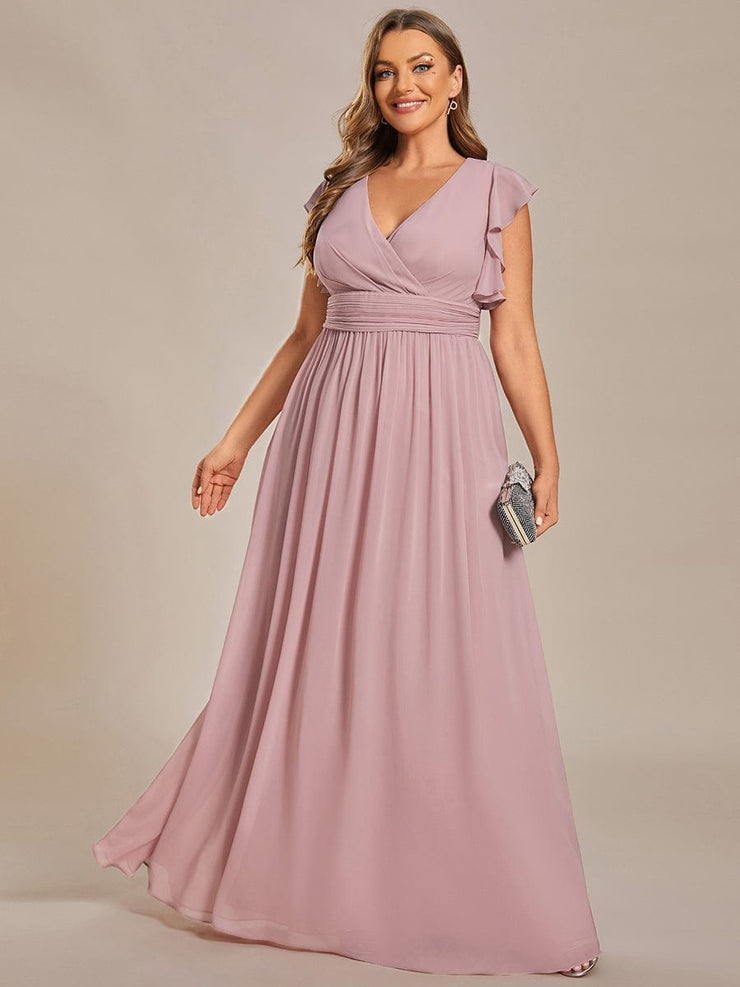 Custom Size Elegant V-Neck Open Back Chiffon Bridesmaid Dress with Ruffled Sleeves