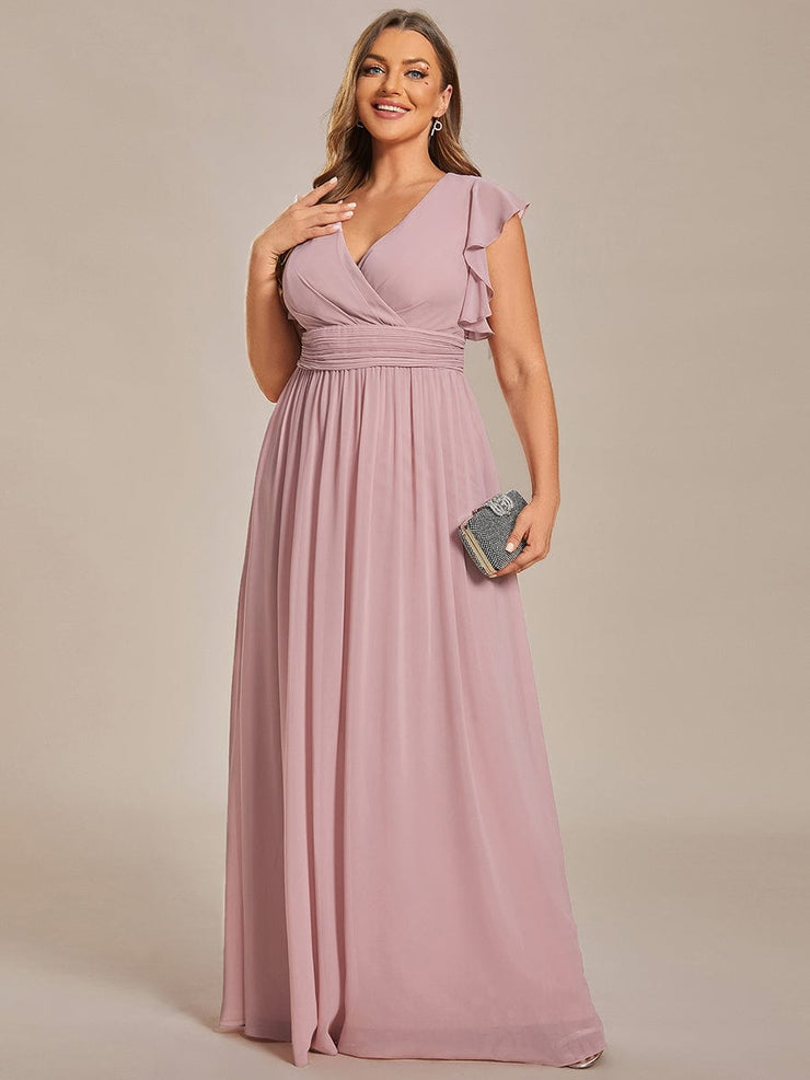 Custom Size Elegant V-Neck Open Back Chiffon Bridesmaid Dress with Ruffled Sleeves