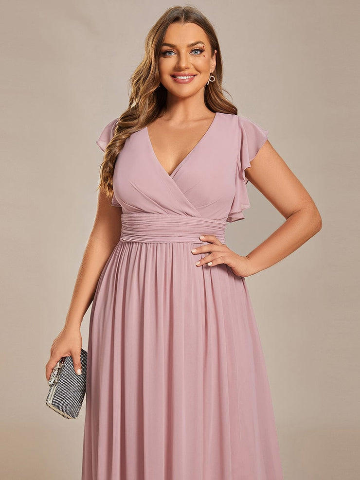 Custom Size Elegant V-Neck Open Back Chiffon Bridesmaid Dress with Ruffled Sleeves