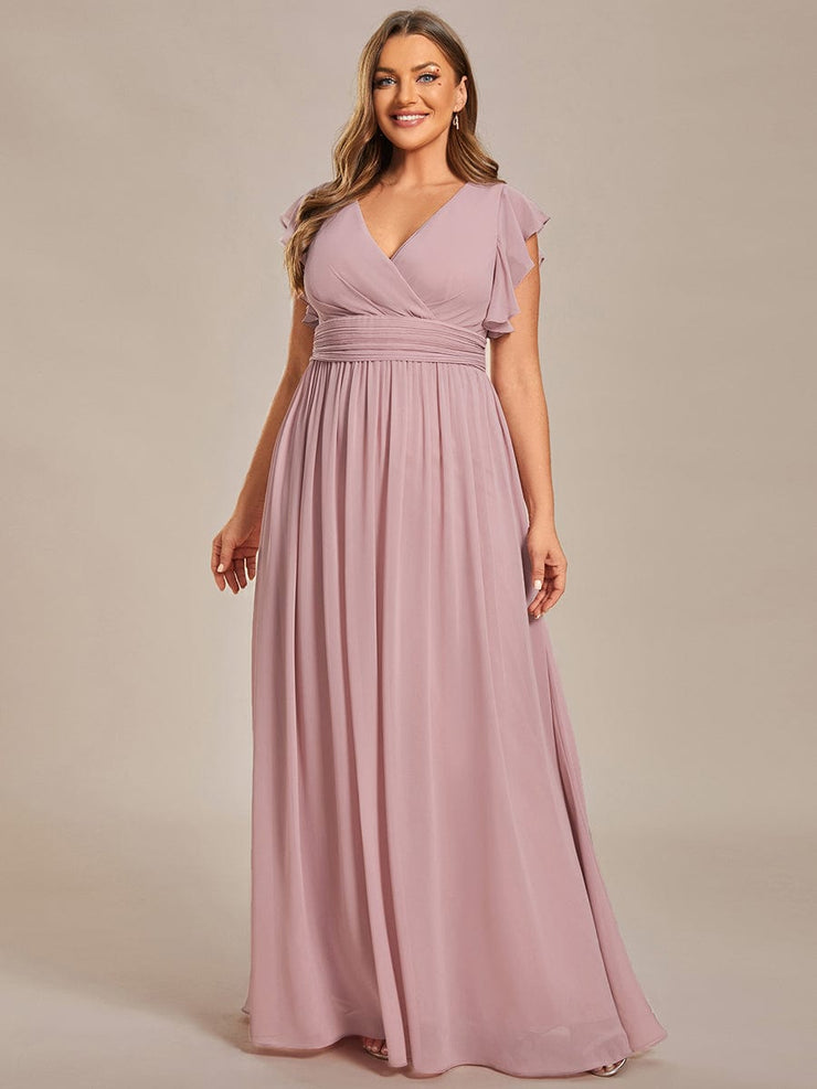 Custom Size Elegant V-Neck Open Back Chiffon Bridesmaid Dress with Ruffled Sleeves