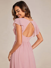 Custom Size Elegant V-Neck Open Back Chiffon Bridesmaid Dress with Ruffled Sleeves