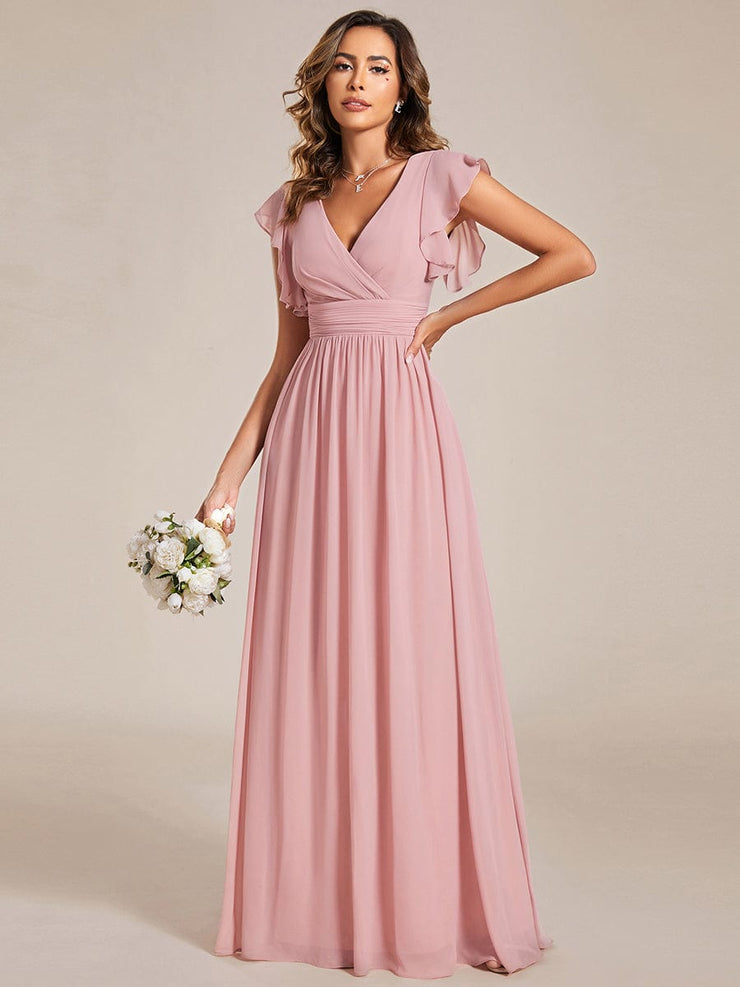 Custom Size Elegant V-Neck Open Back Chiffon Bridesmaid Dress with Ruffled Sleeves