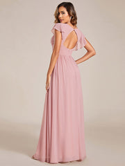 Custom Size Elegant V-Neck Open Back Chiffon Bridesmaid Dress with Ruffled Sleeves