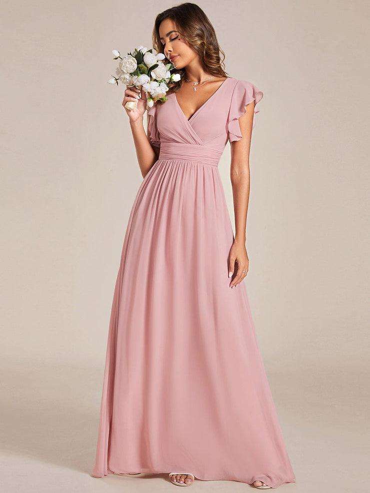 Custom Size Elegant V-Neck Open Back Chiffon Bridesmaid Dress with Ruffled Sleeves