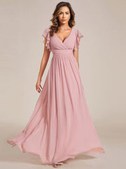 Custom Size Elegant V-Neck Open Back Chiffon Bridesmaid Dress with Ruffled Sleeves