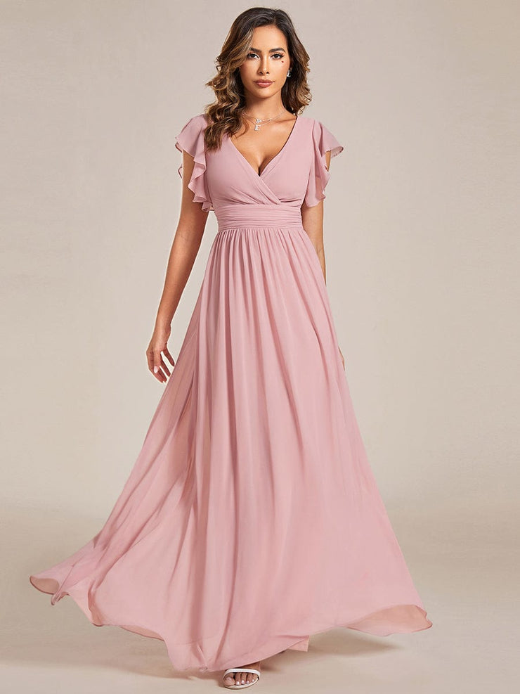 Custom Size Elegant V-Neck Open Back Chiffon Bridesmaid Dress with Ruffled Sleeves