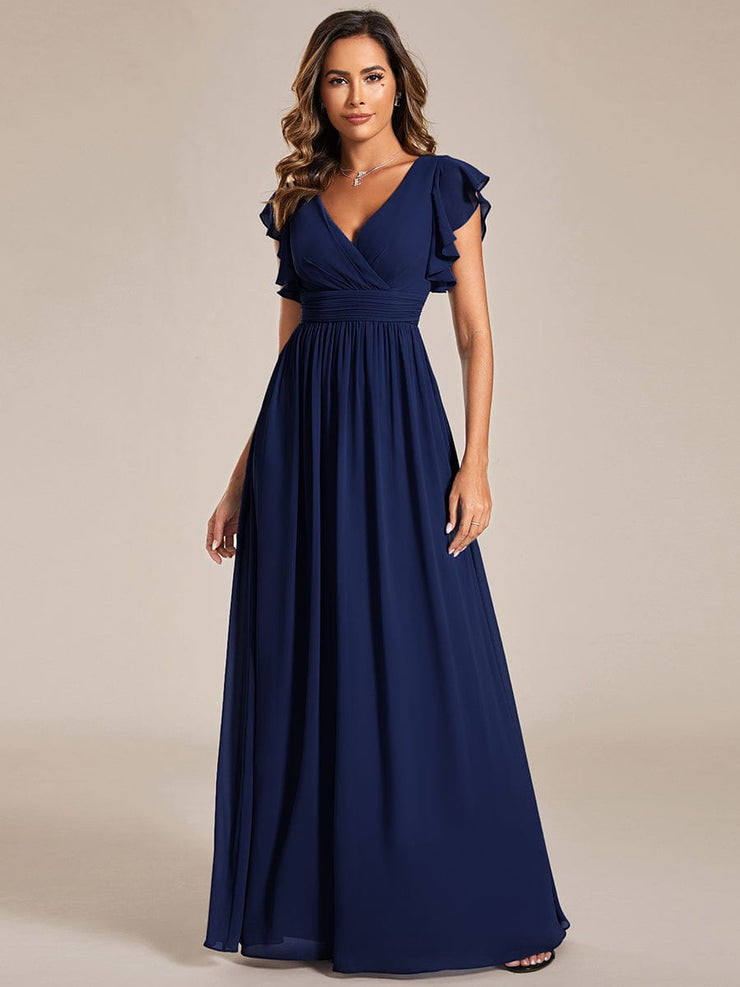 Custom Size Elegant V-Neck Open Back Chiffon Bridesmaid Dress with Ruffled Sleeves