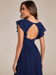 Custom Size Elegant V-Neck Open Back Chiffon Bridesmaid Dress with Ruffled Sleeves