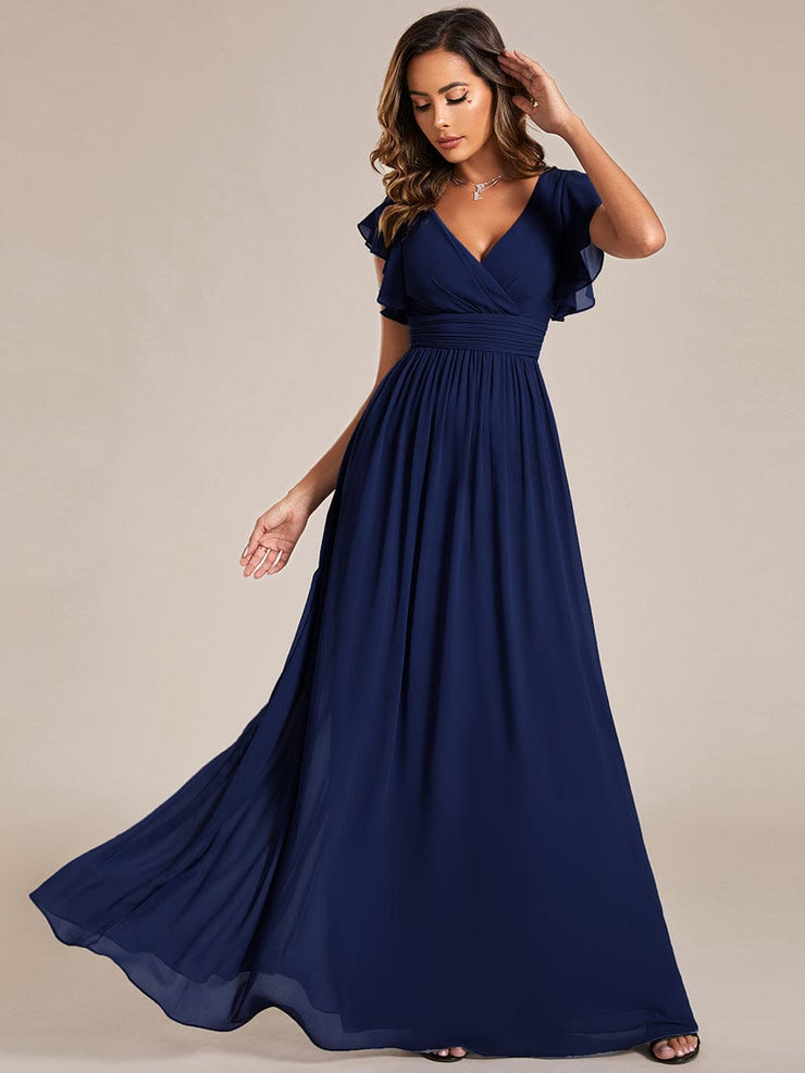 Custom Size Elegant V-Neck Open Back Chiffon Bridesmaid Dress with Ruffled Sleeves