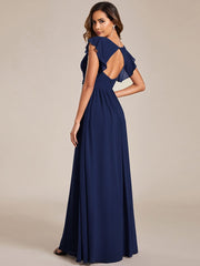 Custom Size Elegant V-Neck Open Back Chiffon Bridesmaid Dress with Ruffled Sleeves