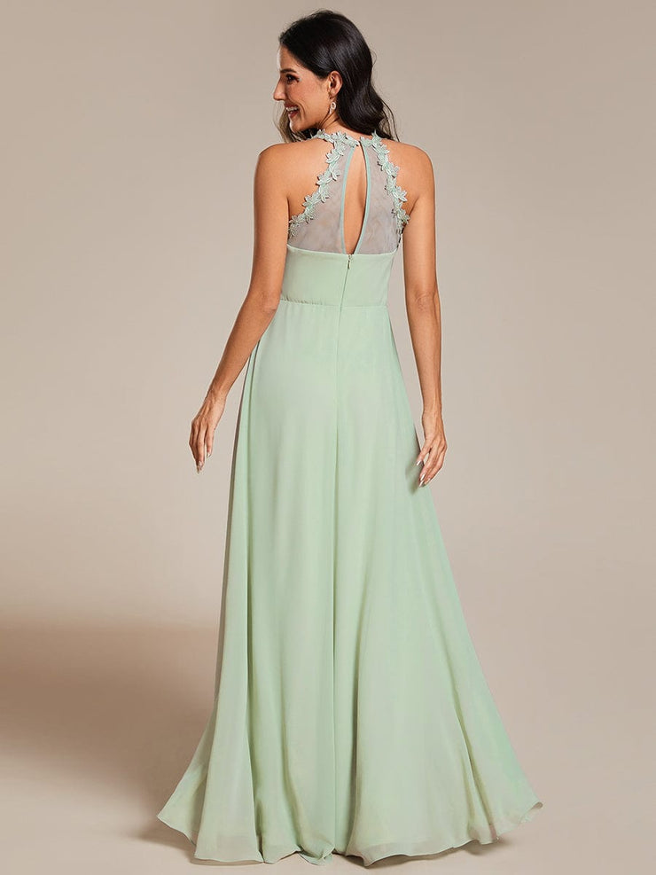 Backless Floral Halter Neck Pleated Bridesmaid Dress with V-Neck