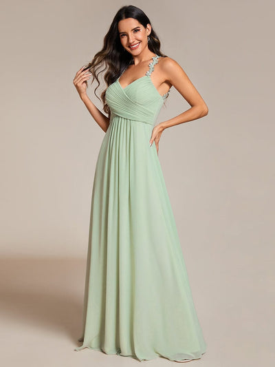 Backless Floral Halter Neck Pleated Bridesmaid Dress with V-Neck