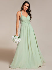 Backless Floral Halter Neck Pleated Bridesmaid Dress with V-Neck