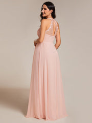 Backless Floral Halter Neck Pleated Bridesmaid Dress with V-Neck