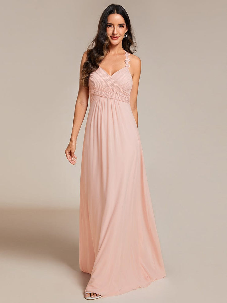 Backless Floral Halter Neck Pleated Bridesmaid Dress with V-Neck