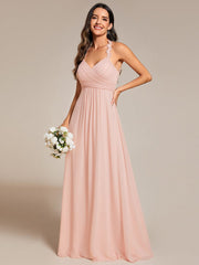 Backless Floral Halter Neck Pleated Bridesmaid Dress with V-Neck