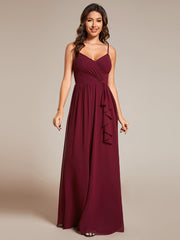 Maxi V-Neck Lotus Leaf Chiffon Bridesmaid Dress with Pleating