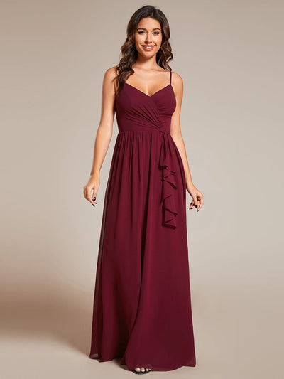 Maxi V-Neck Lotus Leaf Chiffon Bridesmaid Dress with Pleating