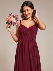 Maxi V-Neck Lotus Leaf Chiffon Bridesmaid Dress with Pleating