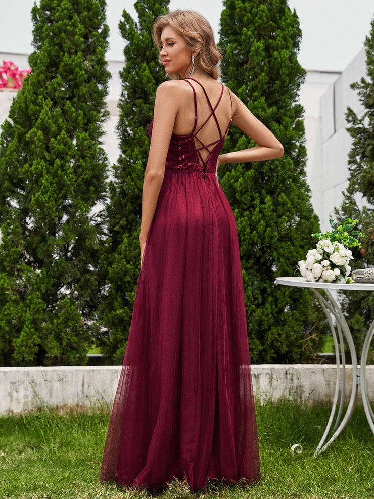 Sleeveless Paillette Tulle Bridesmaid Dress with Cross-Back Straps