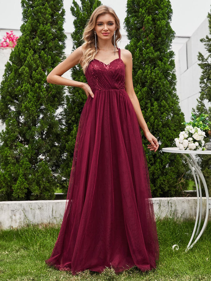 Sleeveless Paillette Tulle Bridesmaid Dress with Cross-Back Straps