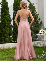 Sleeveless Paillette Tulle Bridesmaid Dress with Cross-Back Straps