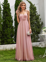 Sleeveless Paillette Tulle Bridesmaid Dress with Cross-Back Straps