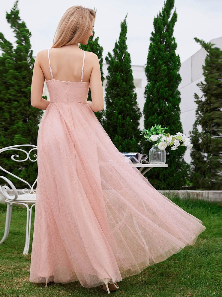 High Slit and Lace Pearl Waist Sleeveless Bridesmaid Dress with Pleated