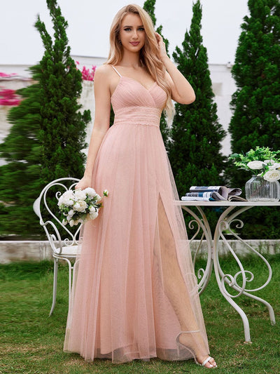 High Slit and Lace Pearl Waist Sleeveless Bridesmaid Dress with Pleated