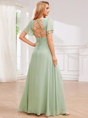 Cross-Tie Back Chiffon A-Line Pleated Bridesmaid Dress with V-Neck