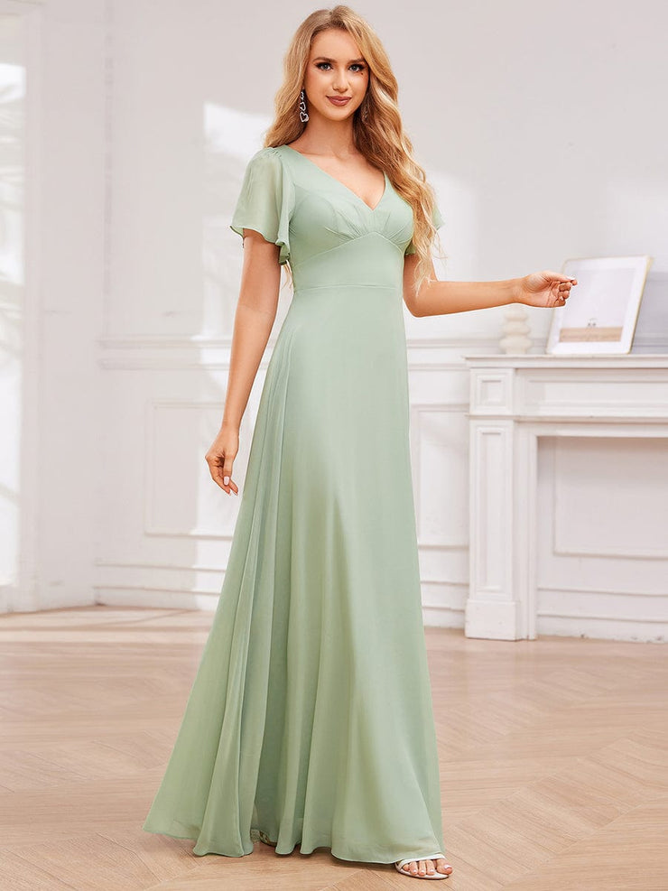 Cross-Tie Back Chiffon A-Line Pleated Bridesmaid Dress with V-Neck