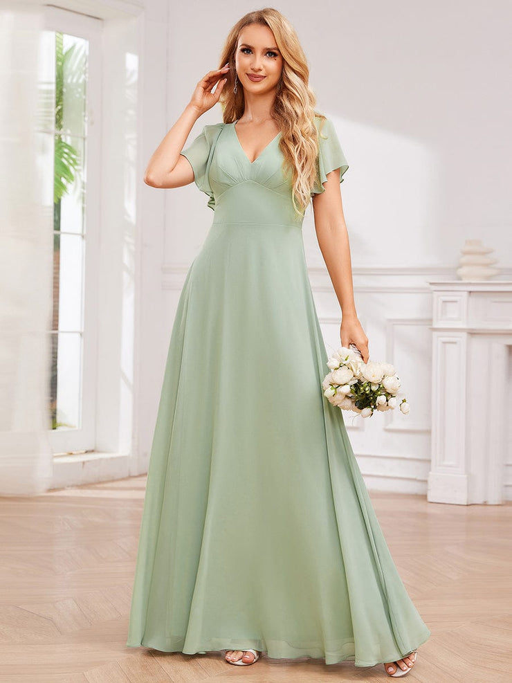 Cross-Tie Back Chiffon A-Line Pleated Bridesmaid Dress with V-Neck